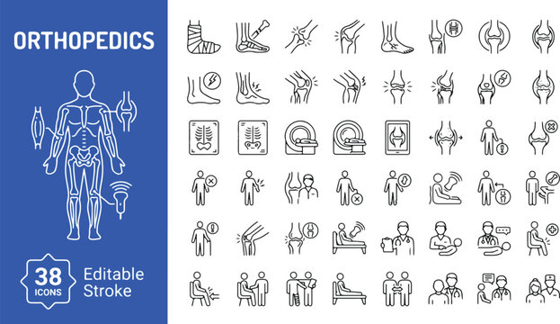 Orthopedics and joint health line icons set. Medical bone fracture, knee pain, surgery, physical therapy, and diagnostic imaging collection. Professional healthcare outline vector, editable stroke.