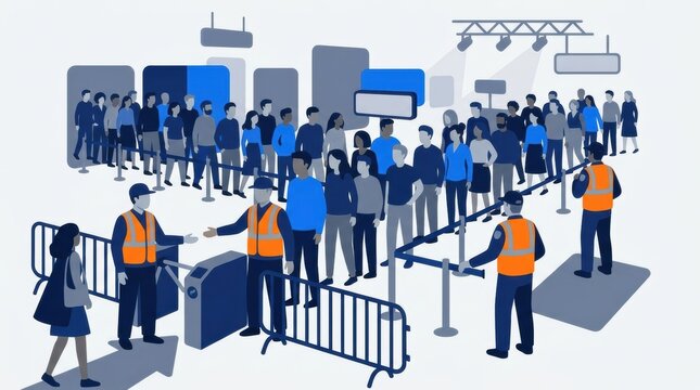 Security staff monitor and control a large group of people entering the venue using barriers and turnstile systems during an event.