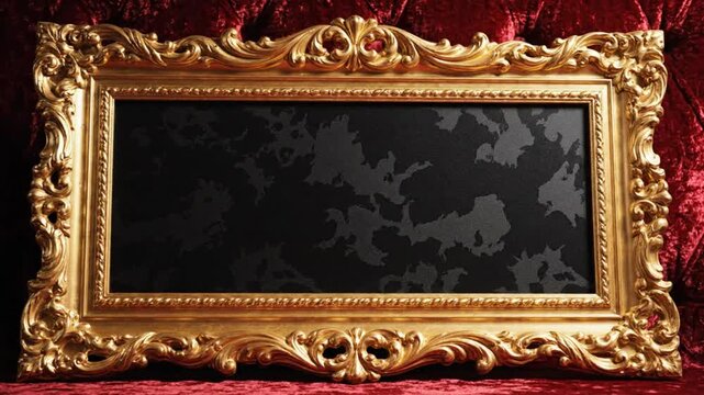 Ornate Gold Picture Frame with Camouflage Design Displayed Against a Crimson Velvet Background