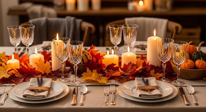 Autumn Thanksgiving dinner, candlelit table setting, fall leaves, elegant home dining