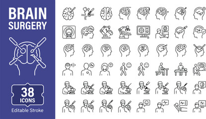 Fototapeta premium Brain surgery web icons in line style. Neurosurgery, tumor removal, medical imaging, craniotomy, neurology symptoms, and recovery collection. Professional medical outline icon set. Editable stroke.