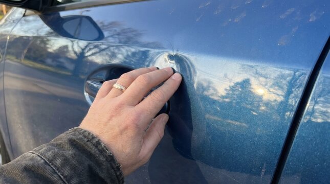 Person's hand inspecting a visible dent and scratch on the blue car door near the handle, highlighting vehicle body damage.