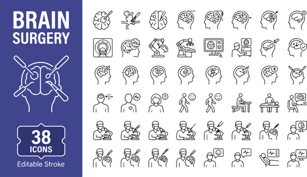 Brain surgery web icons in line style. Neurosurgery, tumor removal, medical imaging, craniotomy, neurology symptoms, and recovery collection. Professional medical outline icon set. Editable stroke.