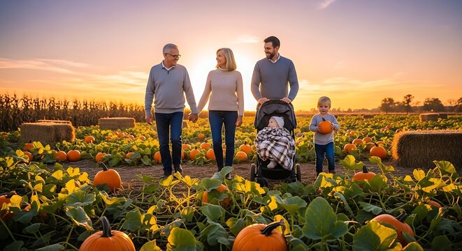 Family, happy couple with kids, enjoying pumpkin patch at sunset, autumn scenery