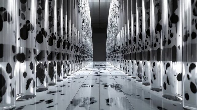 Corridor lined with cylindrical structures, spotted design, leading to dark void