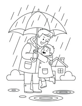 Father sheltering his child under an umbrella in the rain in this sweet Father's Day coloring page for kids