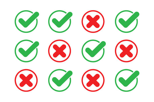 Check mark and cross symbols in green and red colors arranged in grid pattern on white background, green check