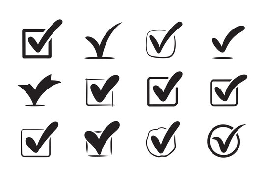 Collection of 12 checkmark symbols in various styles including boxes, circles, squares, and simple outlines on transparent background
