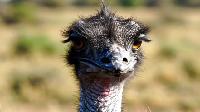 Close up view of an emu bird staring directly at the camera with beautiful golden eyes in natural surroundings