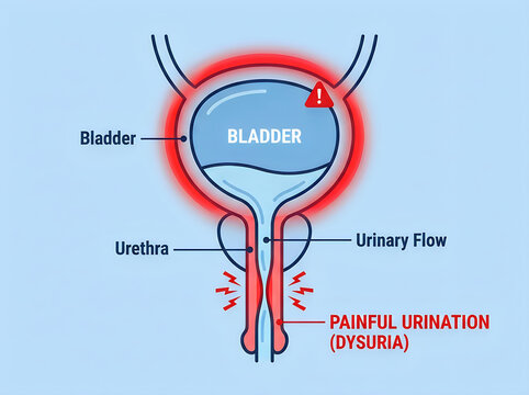 Illustration of urinary system with bladder and urethra showing painful urination and inflammation.