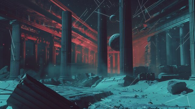 Futuristic, derelict temple with celestial bodies and broken columns, bathed in red light