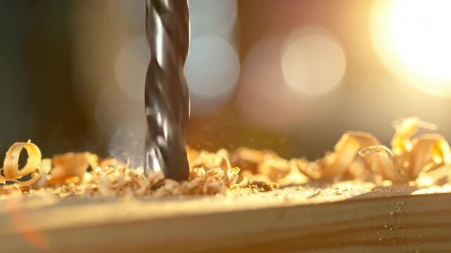 Drill bit bores into wood, surrounded by shavings, with bright bokeh in the background