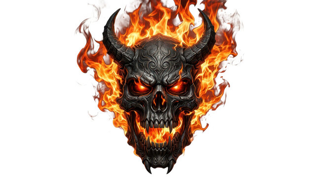 Menacing horned demonic skull engulfed in fire and flames with glowing red eyes isolated on transparent background