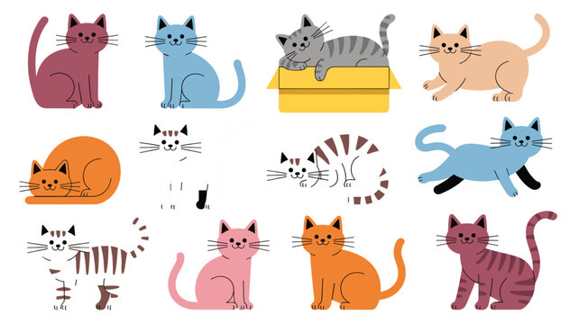 Cute Cartoon Cat and Kitten Character Vector Illustration Set Featuring Colorful Felines in Different Playful Poses Sitting Sleeping and Hiding in a Box