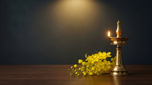 Traditional lit brass lamp with yellow vishu flowers on wooden table