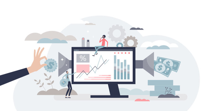 Robo advisor as automated computer advices for investment tiny person concept, transparent background. Effective money management and consulting with artificial intelligence tools illustration.