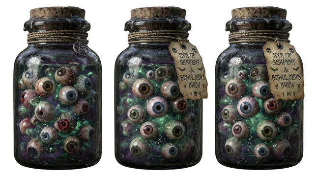 Three Jars of Eyeballs for Halloween Potion, isolated on transparent background