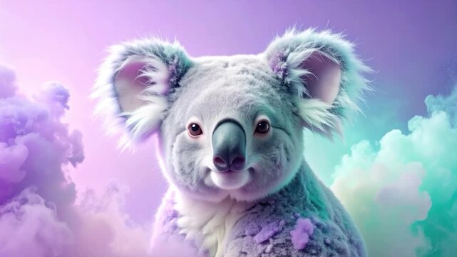 A fluffy, cute koala smiles against a dreamy, pastel-colored cloud backdrop