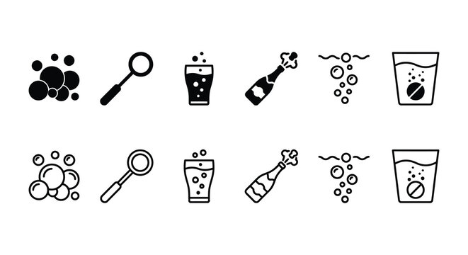 collection of drink and bubble icons in silhouette icon champagne bottle glass magnifying beverage alcohol fizzy