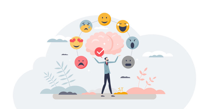 Emotion regulation with emotional intelligence control tiny person concept, transparent background. Psychological feelings and mental mindset variation from sad to happy illustration.