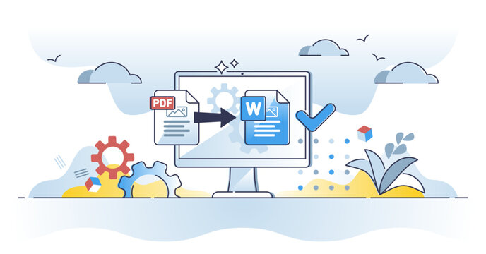 PDF to word converter software tool to change extension outline concept, transparent background. File format edit process with application or online website illustration.