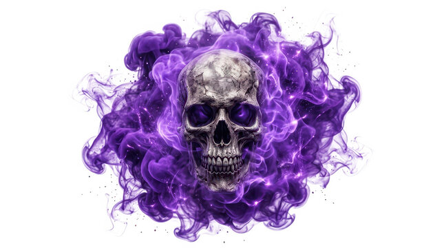 Realistic human skull with glowing purple eyes and mystical smoke isolated on transparent background