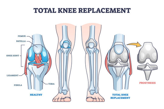 Total knee replacement surgery and prosthesis operation outline diagram, transparent background. Labeled educational medical procedure description.