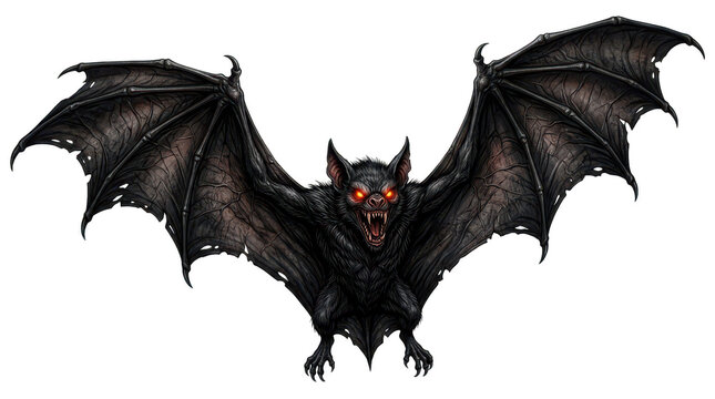 Vampire Bat with Glowing Red Eyes and Spread Wings isolated on transparent background