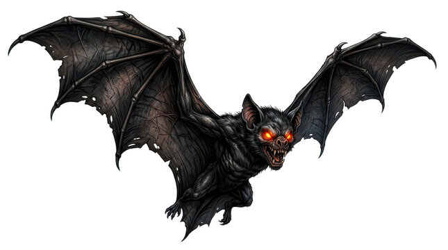 Demonic bat with glowing red eyes and tattered wings, isolated on transparent background