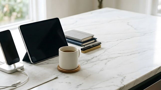 intentional digital productivity workspace with tablet smartphone notebook and coffee designed for focused knowledge work deep thinking and modern ai assisted workflow management