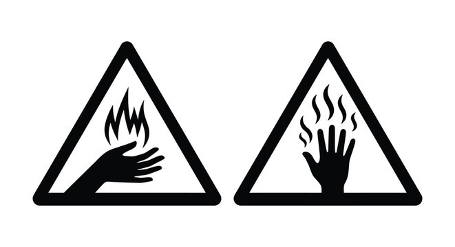 warning symbols with hand and flame silhouette triangle signs safety caution danger heat burn risk black