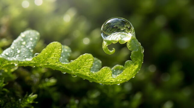 Close up of fresh morning dew drop on a fern fiddlehead