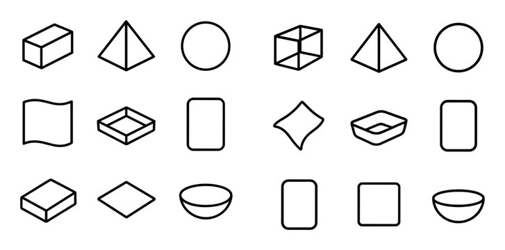 Geometry and shapes design icons with cube, pyramid and circle for infographic design in outline style