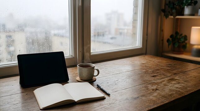 mindful productivity routine beside rainy window with digital device journal and warm coffee supporting deep work focus and intentional living