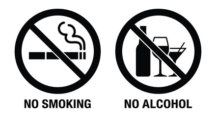 no smoking and no alcohol signs silhouette prohibition ban cigarette drink warning symbol icon black white © Mithon