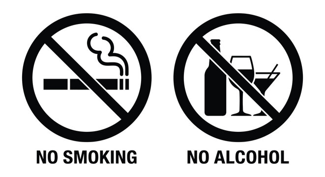 no smoking and no alcohol signs silhouette prohibition ban cigarette drink warning symbol icon black white