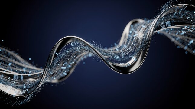 Abstract flowing digital data wave with glowing particles