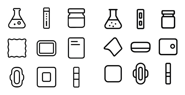 chemistry and laboratory design icons with flask, test tube and jar for scientific presentation in minimal outline style