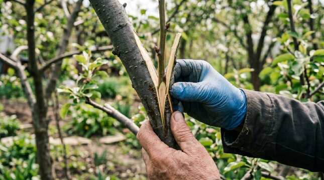 A gardener in blue protective gloves carefully combines the cambial layers of the scion and rootstock when grafting a young tree in the spring.