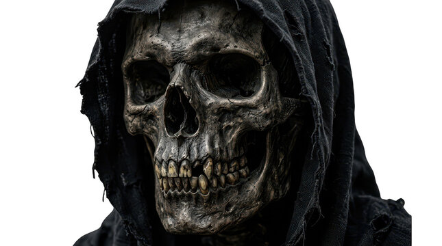 Realistic human skull wearing a tattered black hood, macabre horror concept, isolated on transparent background