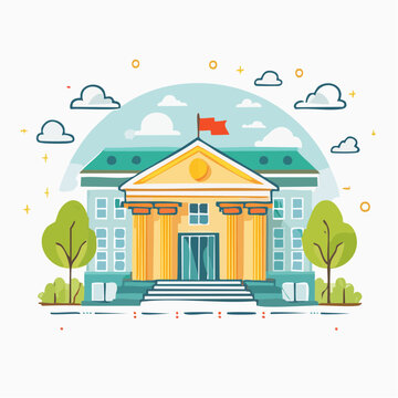 Stylized Illustration of a Classical Building with Columns and a Flag