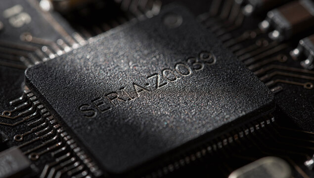 Macro shot of a black electronic microchip with serial text engraved on its textured plastic surface