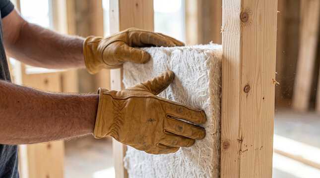 Matted white fibrous mineral wool insulation being manually placed into a wooden stud frame by a worker wearing protective tanned leather safety gloves.