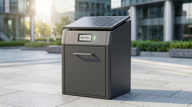 Solar cells mounted on a matte charcoal-finished urban waste compactor unit situated on a granite stone plaza near modern glass architecture offices.