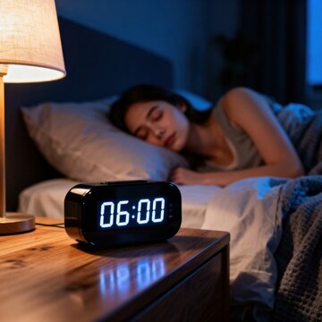 Woman sleeping in bed with digital alarm clock showing 6 AM, healthy sleep routine, early morning wake up, and wellness lifestyle concept