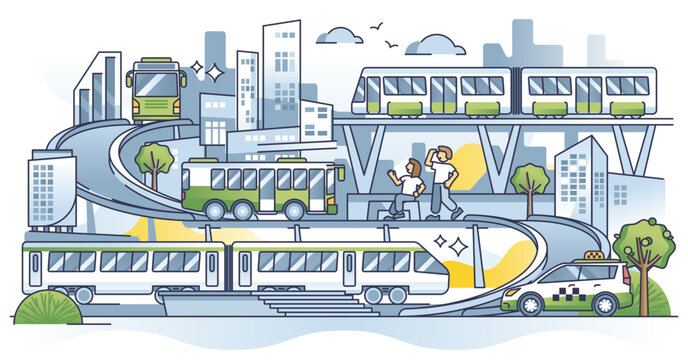 Transportation services and urban road or rail infrastructure outline concept, transparent background. Public bus, train, metro or taxi car for passenger movement network illustration.