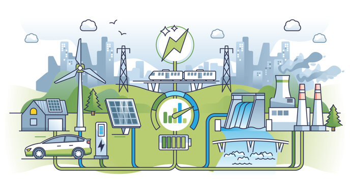 Smart grid electricity for effective and green power flow outline concept, transparent background. Wiring network for urban environment using renewable solar or wind resources illustration.