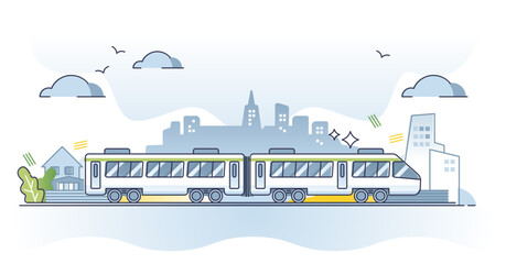 Public transportation and train infrastructure for passengers outline concept, transparent background.Fast railroad transport with electric locomotive and wagons illustration. © VectorMine