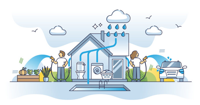 Rainwater harvesting as rain water collection and storage outline diagram, transparent background. Drain system with pipes for laundry, toilet and garden usage illustration.
