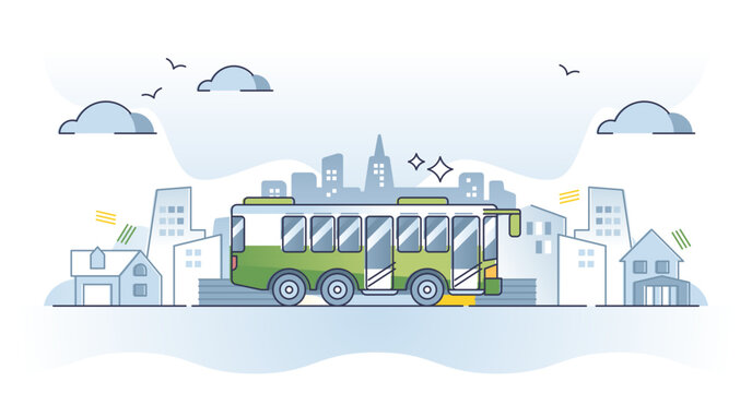 Public transportation type with bus vehicles for route ride outline concept, transparent background. City infrastructure with roads, stations and automobile shuttle services illustration.